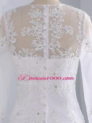 Best White Long Sleeves Brush Train Beading and Lace and Appliques Wedding Dresses