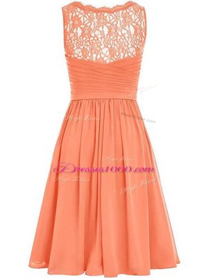 Wonderful Champagne Chiffon Side Zipper Bridesmaid Dress Sleeveless Knee Length Lace and Ruching