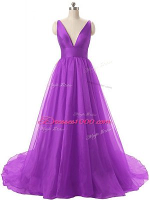 Fitting Eggplant Purple A-line Organza V-neck Sleeveless Ruching Backless Prom Evening Gown