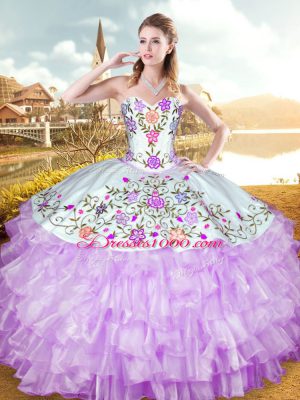 Organza and Taffeta Sweetheart Sleeveless Lace Up Embroidery and Ruffled Layers Sweet 16 Dress in Lilac