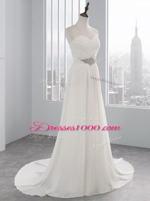 White Lace Up Sweetheart Beading and Ruching Wedding Gown Chiffon Sleeveless Brush Train