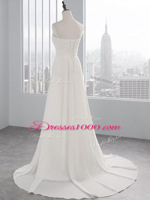 White Lace Up Sweetheart Beading and Ruching Wedding Gown Chiffon Sleeveless Brush Train