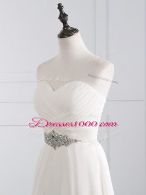 White Lace Up Sweetheart Beading and Ruching Wedding Gown Chiffon Sleeveless Brush Train