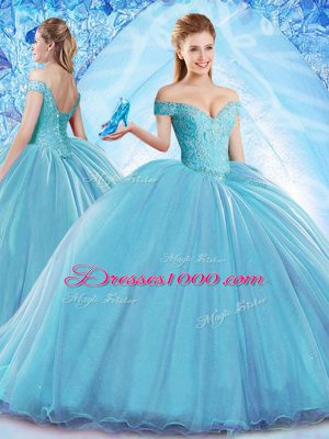 Baby Blue Sweet 16 Quinceanera Dress Off The Shoulder Sleeveless Sweep Train Lace Up