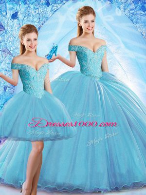 Baby Blue Sweet 16 Quinceanera Dress Off The Shoulder Sleeveless Sweep Train Lace Up