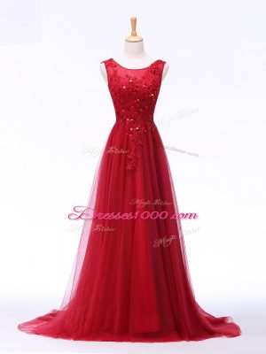 Enchanting Scoop Sleeveless Formal Dresses Brush Train Lace and Appliques Red Tulle