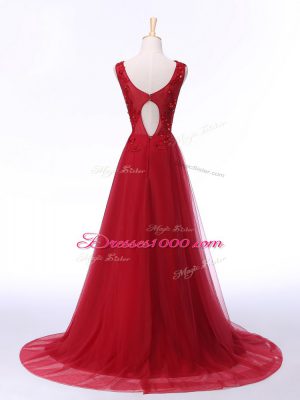 Enchanting Scoop Sleeveless Formal Dresses Brush Train Lace and Appliques Red Tulle