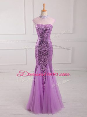 Glorious Lilac Halter Top Neckline Beading and Sequins Formal Evening Gowns Sleeveless Lace Up