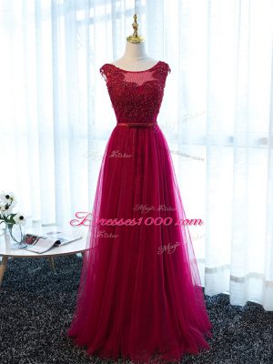 Fine Scoop Sleeveless Dress for Prom Floor Length Beading and Lace and Appliques and Belt Fuchsia Tulle
