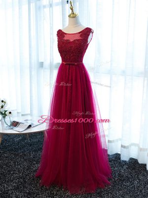 Fine Scoop Sleeveless Dress for Prom Floor Length Beading and Lace and Appliques and Belt Fuchsia Tulle