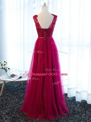 Fine Scoop Sleeveless Dress for Prom Floor Length Beading and Lace and Appliques and Belt Fuchsia Tulle