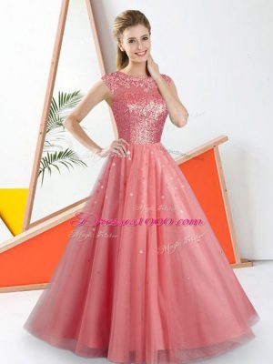 Floor Length Backless Vestidos de Damas Watermelon Red for Prom and Party with Beading and Lace