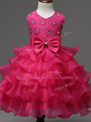 Customized Hot Pink Organza Zipper Scoop Sleeveless Knee Length Kids Pageant Dress Lace and Ruffled Layers and Bowknot
