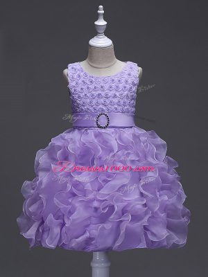 Exquisite Lavender Sleeveless Ruffles and Belt Knee Length Little Girls Pageant Gowns