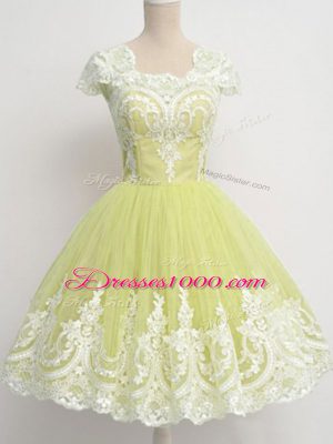 Yellow Green Tulle Zipper Quinceanera Dama Dress Cap Sleeves Knee Length Lace
