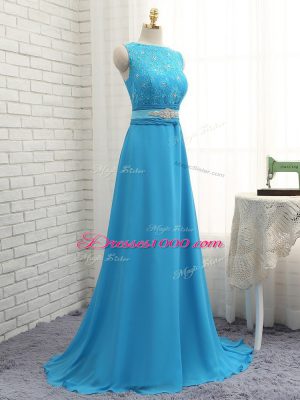 High End Zipper Wedding Party Dress Baby Blue for Prom and Party and Wedding Party with Beading and Lace Brush Train