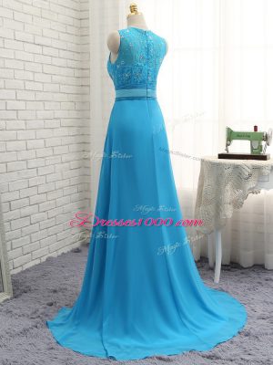 High End Zipper Wedding Party Dress Baby Blue for Prom and Party and Wedding Party with Beading and Lace Brush Train