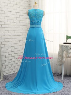 High End Zipper Wedding Party Dress Baby Blue for Prom and Party and Wedding Party with Beading and Lace Brush Train