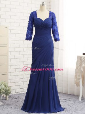 Clearance Blue Chiffon Zipper Sweetheart 3 4 Length Sleeve Floor Length Mother of the Bride Dress Beading and Lace and Appliques and Ruching
