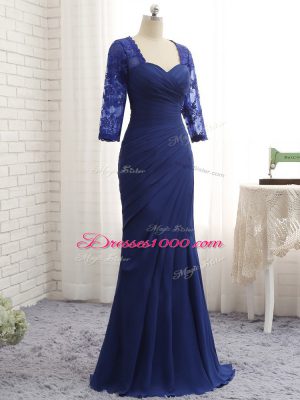 Clearance Blue Chiffon Zipper Sweetheart 3 4 Length Sleeve Floor Length Mother of the Bride Dress Beading and Lace and Appliques and Ruching