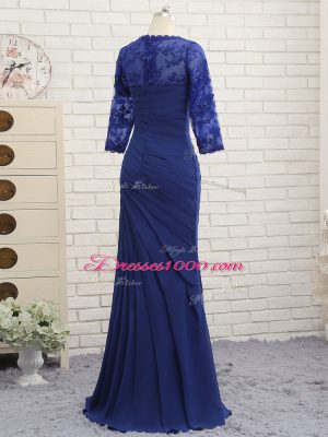 Clearance Blue Chiffon Zipper Sweetheart 3 4 Length Sleeve Floor Length Mother of the Bride Dress Beading and Lace and Appliques and Ruching