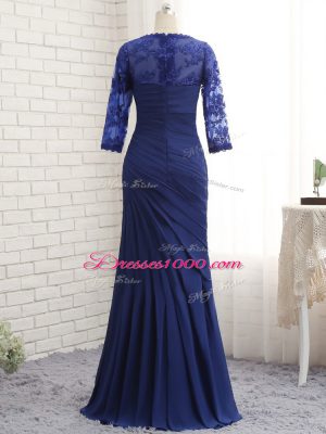 Clearance Blue Chiffon Zipper Sweetheart 3 4 Length Sleeve Floor Length Mother of the Bride Dress Beading and Lace and Appliques and Ruching