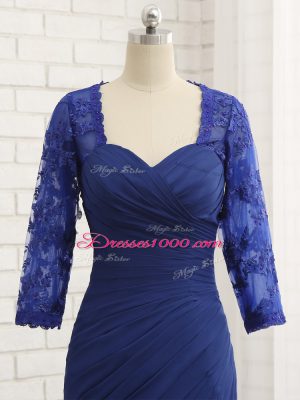 Clearance Blue Chiffon Zipper Sweetheart 3 4 Length Sleeve Floor Length Mother of the Bride Dress Beading and Lace and Appliques and Ruching
