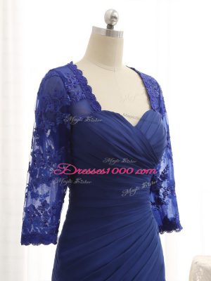 Clearance Blue Chiffon Zipper Sweetheart 3 4 Length Sleeve Floor Length Mother of the Bride Dress Beading and Lace and Appliques and Ruching