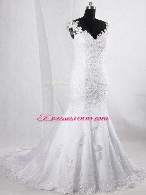 Captivating White Mermaid Lace Wedding Gown Clasp Handle Tulle Sleeveless