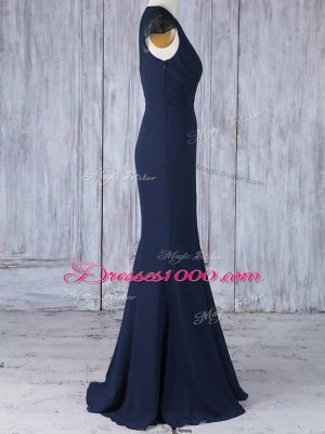 Customized V-neck Cap Sleeves Wedding Party Dress Floor Length Lace Navy Blue Chiffon