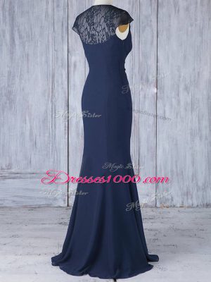 Customized V-neck Cap Sleeves Wedding Party Dress Floor Length Lace Navy Blue Chiffon