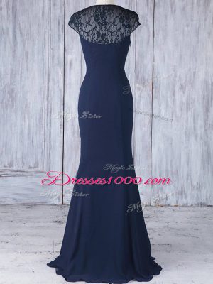 Customized V-neck Cap Sleeves Wedding Party Dress Floor Length Lace Navy Blue Chiffon