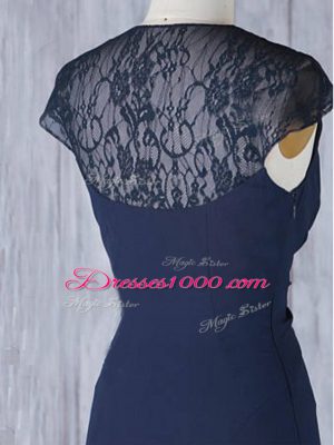 Customized V-neck Cap Sleeves Wedding Party Dress Floor Length Lace Navy Blue Chiffon