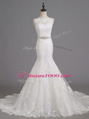 Sleeveless Beading and Lace Lace Up Wedding Dresses with White Brush Train