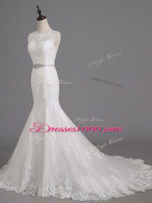 Sleeveless Beading and Lace Lace Up Wedding Dresses with White Brush Train