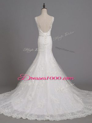 Sleeveless Beading and Lace Lace Up Wedding Dresses with White Brush Train