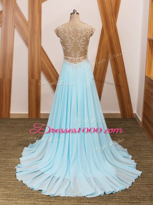 Aqua Blue Empire Beading and Ruching Juniors Evening Dress Side Zipper Chiffon Short Sleeves