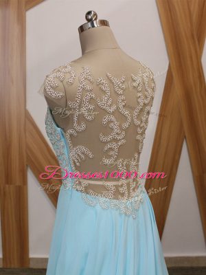 Aqua Blue Empire Beading and Ruching Juniors Evening Dress Side Zipper Chiffon Short Sleeves