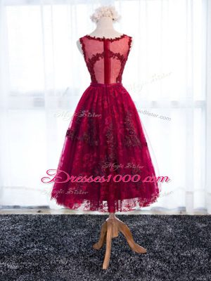 Fabulous Fuchsia Zipper Quinceanera Court of Honor Dress Lace Sleeveless Tea Length