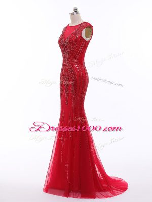 Romantic Brush Train Mermaid Juniors Evening Dress Red Scoop Tulle Sleeveless Zipper