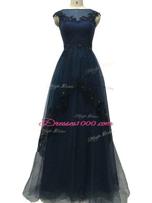 Smart Floor Length Navy Blue Mother Dresses Tulle Sleeveless Lace and Appliques