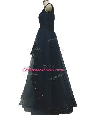 Smart Floor Length Navy Blue Mother Dresses Tulle Sleeveless Lace and Appliques