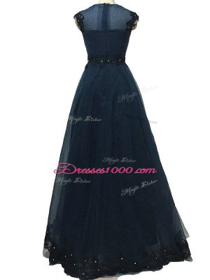 Smart Floor Length Navy Blue Mother Dresses Tulle Sleeveless Lace and Appliques