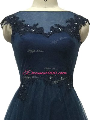 Smart Floor Length Navy Blue Mother Dresses Tulle Sleeveless Lace and Appliques