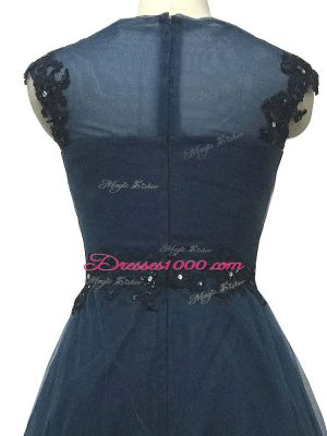 Smart Floor Length Navy Blue Mother Dresses Tulle Sleeveless Lace and Appliques