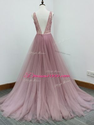 Popular V-neck Sleeveless Dama Dress Brush Train Beading and Belt Pink Tulle