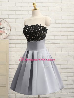 Fantastic Grey Satin Side Zipper Strapless Sleeveless Mini Length Evening Dress Lace and Appliques