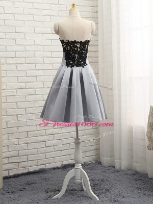 Fantastic Grey Satin Side Zipper Strapless Sleeveless Mini Length Evening Dress Lace and Appliques