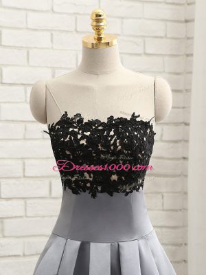 Fantastic Grey Satin Side Zipper Strapless Sleeveless Mini Length Evening Dress Lace and Appliques