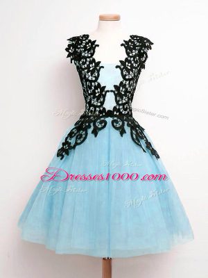 Aqua Blue A-line Straps Sleeveless Tulle Knee Length Lace Up Lace Wedding Guest Dresses